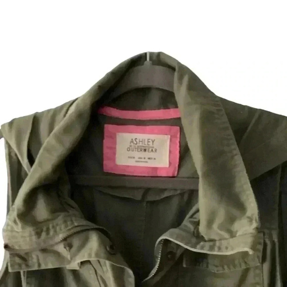 Ashley Outwear medium Olive Green Hooded Cargo Vest Utility zip snap - Picture 3 of 3
